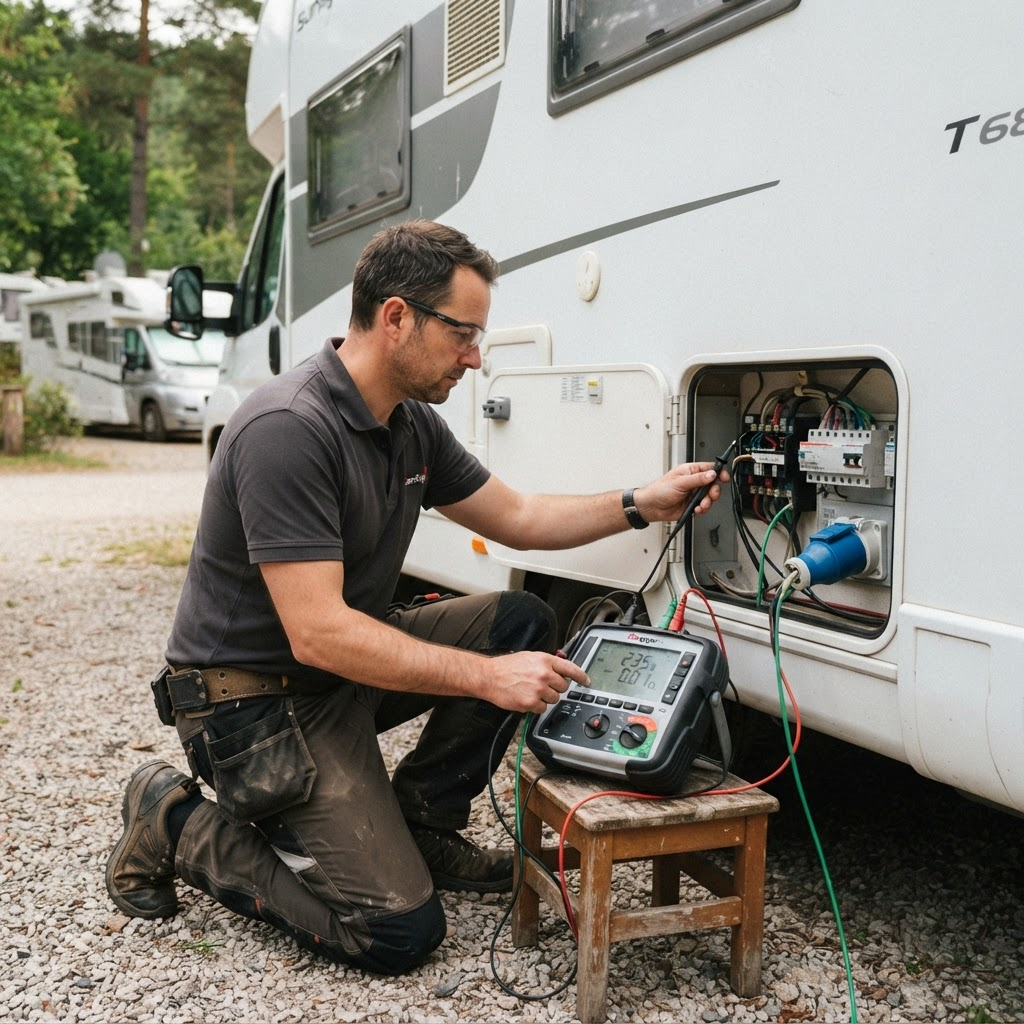 Lakóautó 230V elektromos rendszerének villamos biztonsági mérése